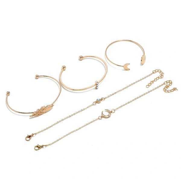 /EA/Boho Set med 5 Guldpläterade Öppna Blad Månarmband för Kvinnor