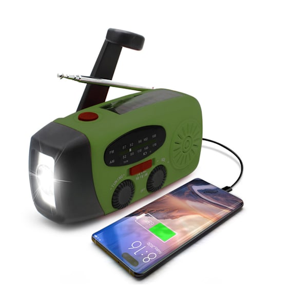 Vevradio med mobilladdare, solpanel, ficklampa, powerbank, SOS, 1-P, grön