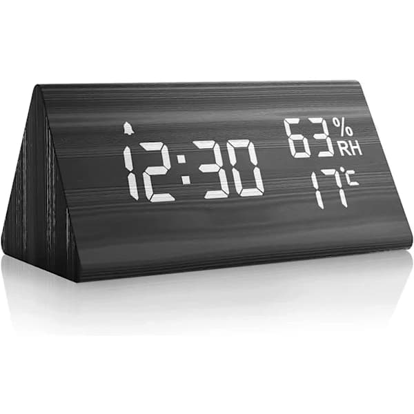 /EA/Digital väckarklocka i trä med röststyrning, snooze, datum, temperatur/luftfuktighet för sovrum/sängbord