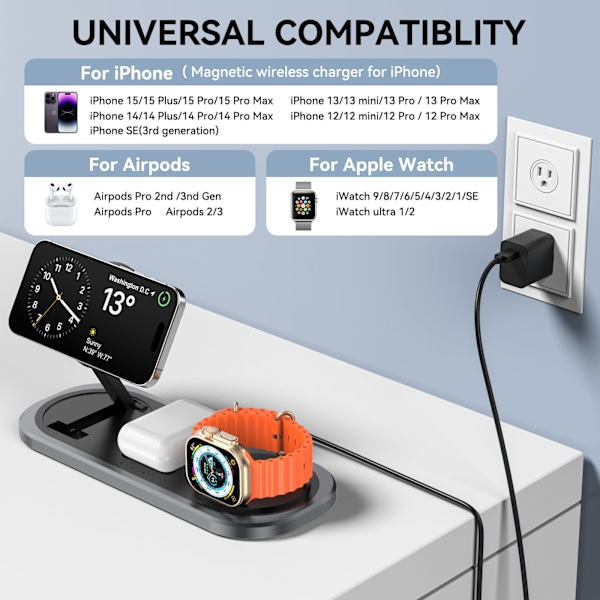 3 i 1 Trådlös Laddare för iPhone, Magnetisk Vikbar Laddstation för Magsafe för iPhone 15/14/13/12/Pro Max/Pro/Mini/Plus, Apple Watch 9/8/7/SE/ US plug