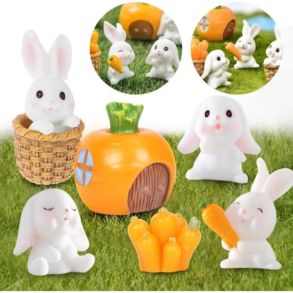 /EA/ Kanin prydnad, 7 st mini kaninfigur, påskhare morot