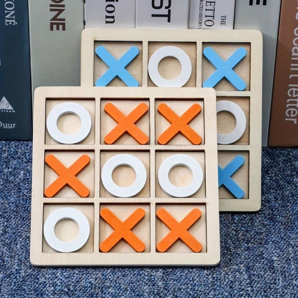 Trä XOXO Brädspel (Cross and Cross) | Klassiskt familjebordsspel Blå Vit + Orange Vit