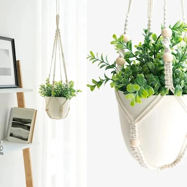 Makrame Växthängare Set Flätat Bomullsrep med Pärlor och Spets för Inomhus Utomhus Heminredning Vit 3-pack white 3PCS
