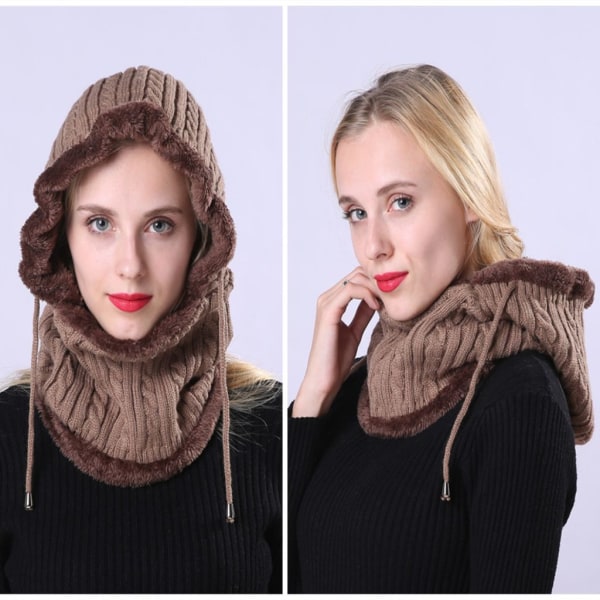 Cover Vintermössa för kvinnor med luva i thermal fleece stickad halsvärmare Vindtät Snood Cover , kaki