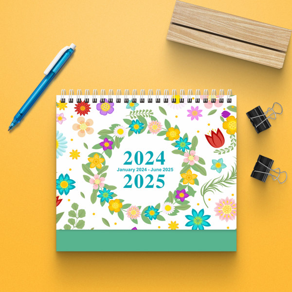 2024 blomsterskrivebordskalender fra januar 2024 til juni 2025, 18 måneders vendebordskalender Cactaceae