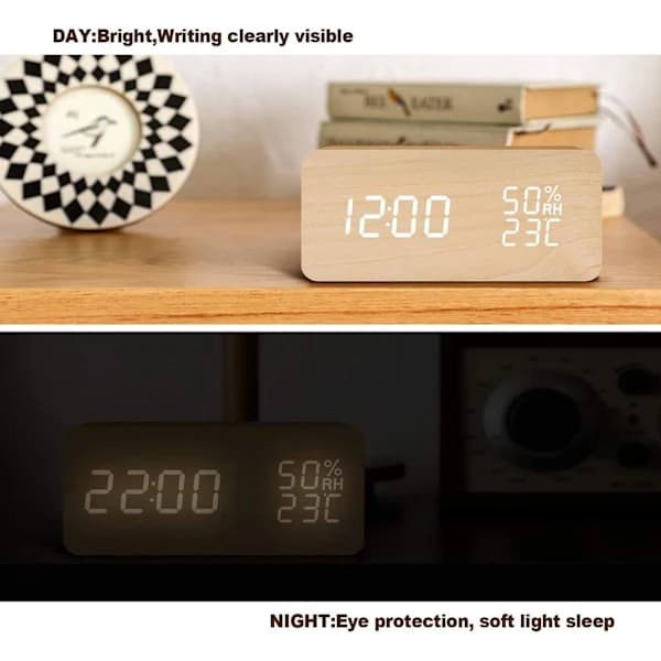 /EA/LED Digital Väckarklocka Datum Luftfuktighet Temperatur Träutseende Dekor