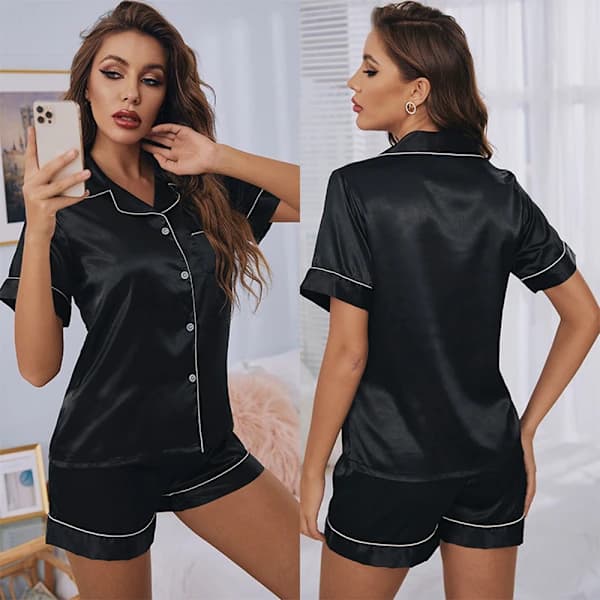 Dame silkesateng kort pyjamassett satengpyjamas dame pyjamas-FA- M