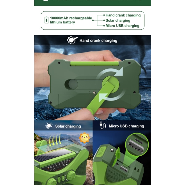 10000mAh Handvev Nödradio - Solcellshandvevsradio Campingprylar Överlevnadsutrustning green