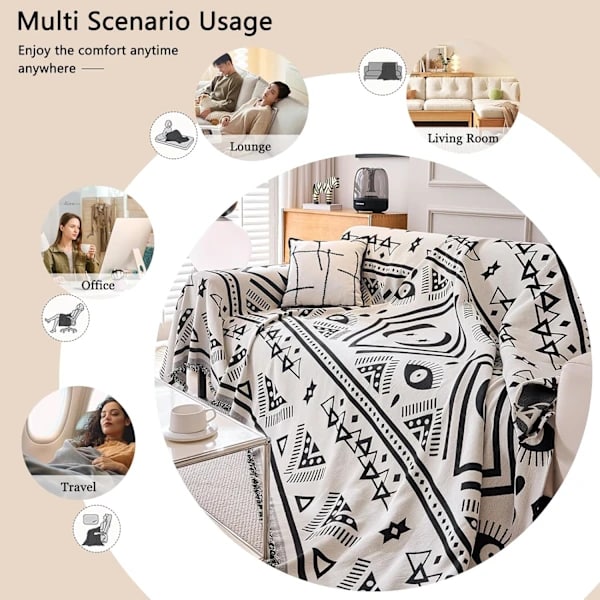 /EA/Vendbart sofabetræk Chenille Jacquard Geometrisk Boho Sofabetræk, Beige Sort Sofabetræk til sektionssofa Chic møbelbeskyttelse 180x150