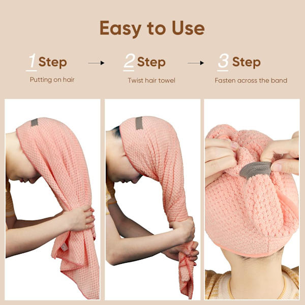 2-pack Stor Hårhandduk i Mikrofiber för Kvinnor, Rosa - Supermjuk, Snabbtorkande Turbaner för Långt, Tjockt, Lockigt Hår - Anti-frizz Wrap med Elastiskt Band Pink 2pcs