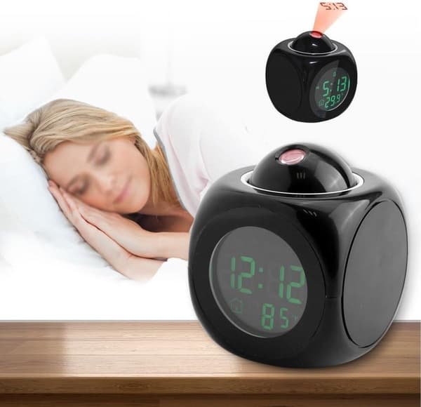 Digital projektionsvækkeur med LED-display, lys- og stemmeudsendelse, snooze-funktion til soveværelset, sort