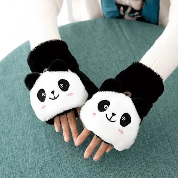 Panda-tema Plys Vinterhandsker - Konvertible Strikkede Flip Top, Spandex og Polyester Sort 2