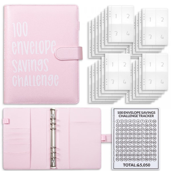 100 Envelope Savings Challenge Pärm, roligt sätt att spara $5 050, SavingsChallenges rosa