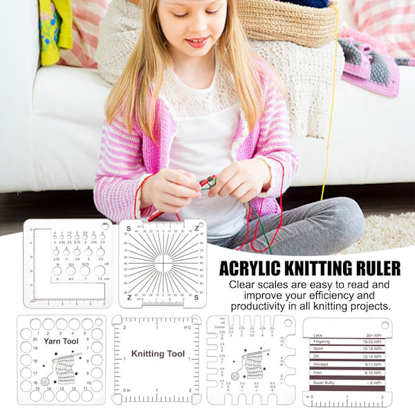 6 Stilar Akryl Stickmätare Linjaler, Virknål och Garnlindning Per Tum Guide Stickverktyg för Spinnare Garnmätning Virktillbehör 1 set