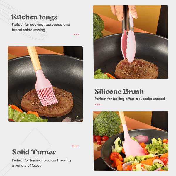 Köksredskap i silikon Set om 11, stora köksredskap med trähandtag, spade, spatel, äggvispar, förvaringslåda Pink