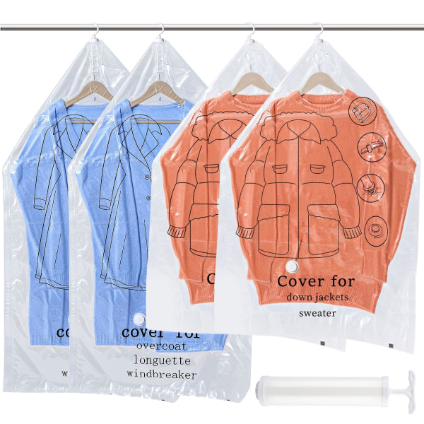4Pack vakuumpåsar för kläder med hängare, transparenta och återanvändbara kompressionspåsar, utrymme och organisation i garderoben 1 set
