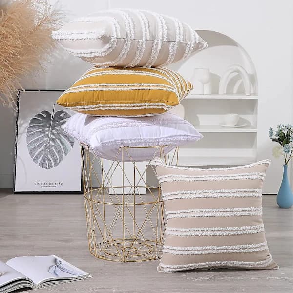 /EA/Boho Dekorative Pyntepuder, Neutralstribede Pudebetræk 50x50 Sæt med 2, Beige Pudebetræk i Bomuld og Hør til Sofa Stue.