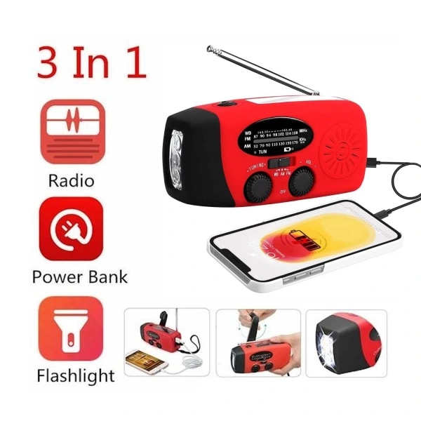 Vevradio med Solceller Ficklampa och 2000mAh Powerbank röd SOS red EU