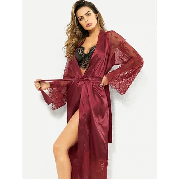 /EA/##/L, Kimono Badekåber Lang Silke Satin Sort Kimono Badekåbe##/