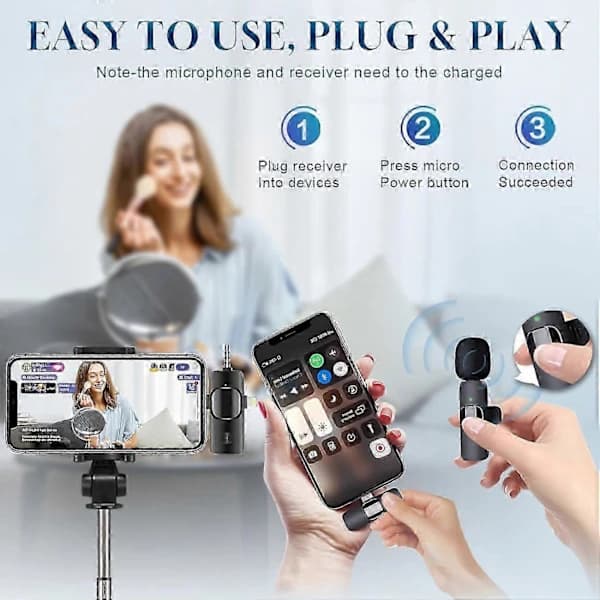 3 i 1 Trådløs Lavalier Mikrofon for iPhone, iPad, Android, Kamera, 12 timer