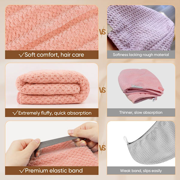 2-pack Stor Hårhandduk i Mikrofiber för Kvinnor, Rosa - Supermjuk, Snabbtorkande Turbaner för Långt, Tjockt, Lockigt Hår - Anti-frizz Wrap med Elastiskt Band Pink 2pcs
