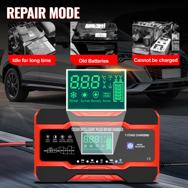 Bilbatteriladdare 10 A 12 V 24 V Smart helautomatisk bilbatteriladdare LCD pekskärmsladdare för bil motorcykel skåpbil AU Plug