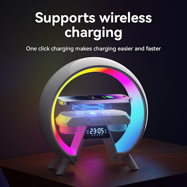 Big G ljudsystem, intelligent Bluetooth-högtalare, trådlös laddning, sängbordsatmosfär, liten nattlampa, Bluetooth-ljudsystem White