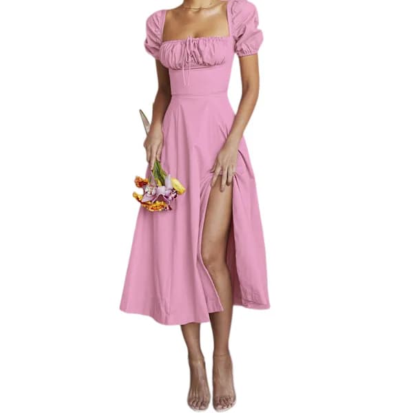 /EA/Krage Hem Sexig Sid Split Bubbelärm Klänning (Rosa XL)