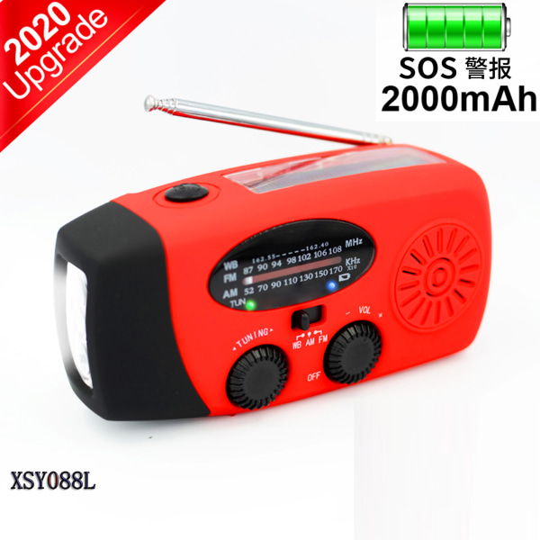 Vevradio med Mobilladdare Solpaneler Ficklampa Powerbank SOS 1-P Röd