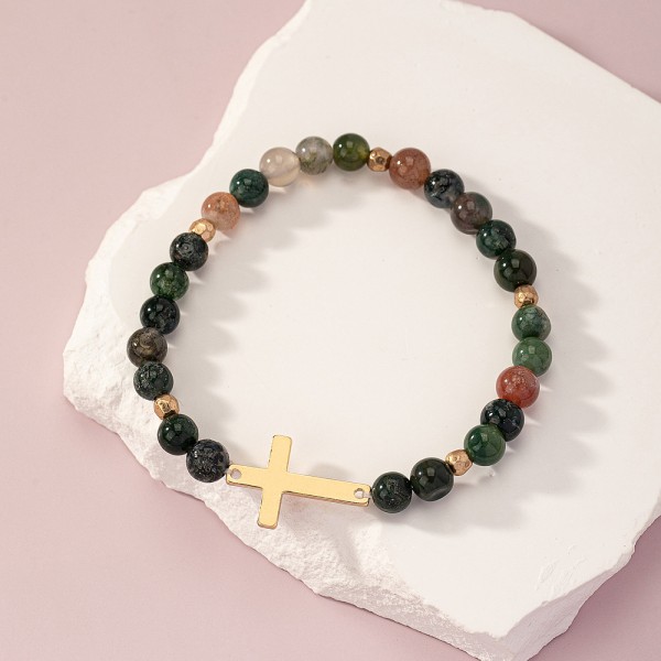 Natursten armband gyllene kors nisch design boll pärla armband nya hand smycken kristen gåva P4