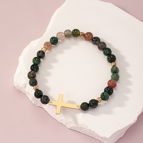 Naturstensarmband gyllene kors nischdesign kularmband nya handsmycken kristen gåva P3