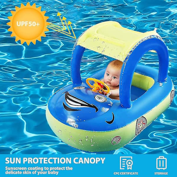 Uppblåsbar Baby Pool Float med Solskydd, Bilformad Badbåt för Spädbarn Småbarn Barn