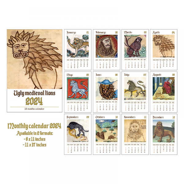 Fula medeltida lejon Konstiga medeltida lejonkalender 2024, Väggkalender Nyårspresent 1 st