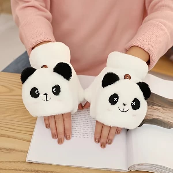Panda-tema Plys Vinterhandsker - Konvertible Strikkede Flip Top, Spandex og Polyester Sort 2