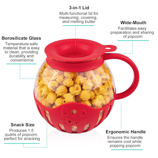 Popcornpoppare i Glas för Mikrovågsugn, 2,25 Quart Original Popcornburk med Silikonlock, BPA-fri, Tål Maskindisk red