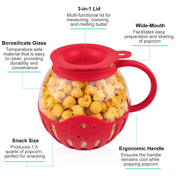 Popcornpopper i glas i mikrovågsugn, 2,25 quarts original popcornburk med silikonlock, BPA-fri, tål diskmaskin red