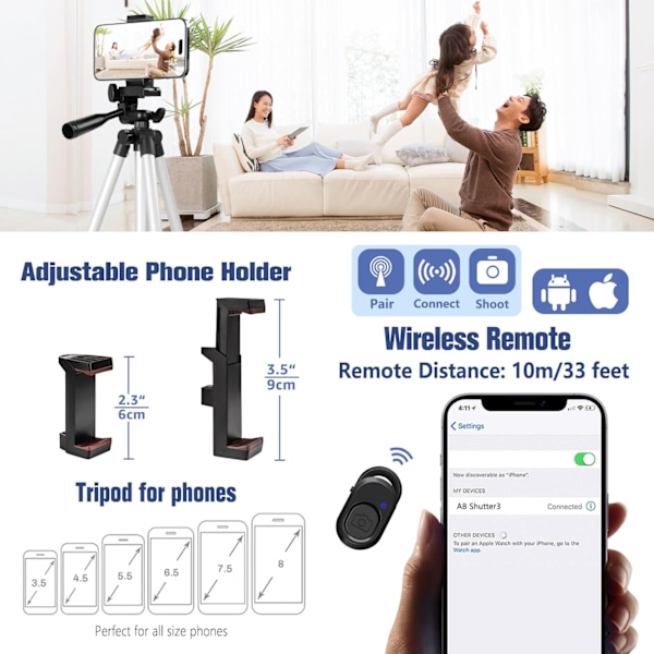 Telefonstativ iPhone Stativ med Telefonhållare/Trådlös Fjärrkontroll för Mobiltelefon/Kamera/Webbkamera/GoPro, Lättvikts Bordsstativ för iOS/Android/Sma