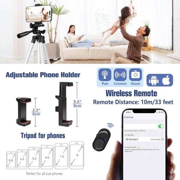 Telefonstativ iPhone-stativ med telefonhållarfäste/trådlös fjärrkontroll för mobiltelefon/kamera/webbkamera/GoPro, bordsstativ lättviktsstativ för iOS/Android/Sma