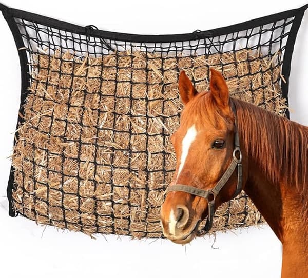 Hest Hønet Langsom Foderautomat, Kraftig Polyester Knudeløst Hængende Fodernet til Staldtrailer, Sort 90 x 80 cm