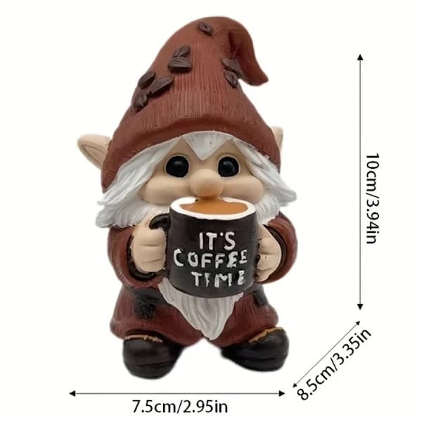 Havepynt med en nissefigur, der nyder kaffe udendørs. VariantValue