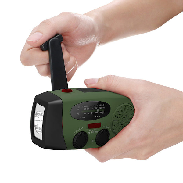 Vevradio med mobilladdare, solpanel, ficklampa, powerbank, SOS, 1-P, grön
