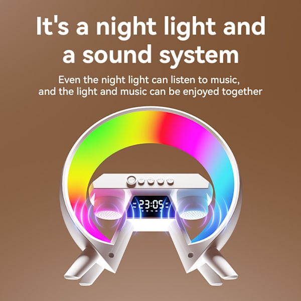 Big G ljudsystem, intelligent Bluetooth-högtalare, trådlös laddning, sängbordsatmosfär, liten nattlampa, Bluetooth-ljudsystem White