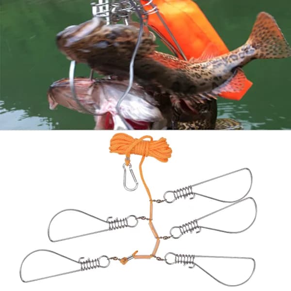 /EA/ Rustfritt stål Heavy Duty Fishing Catch Stringer med 5 låseknapper Nylonrep Float