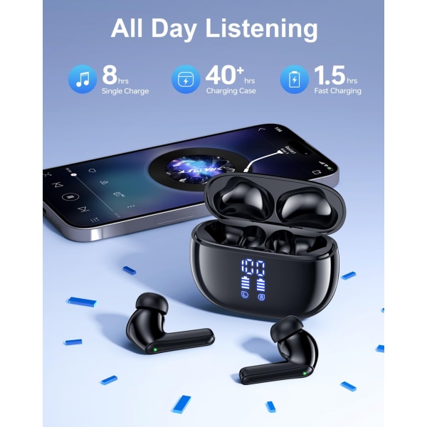 Trådlösa hörlurar Bluetooth hörlurar, 40H Playtime Stereo IPX5 vattentäta öronsnäckor, LED Power Display Trådlösa in-ear-hörlurar med mikrofon för i