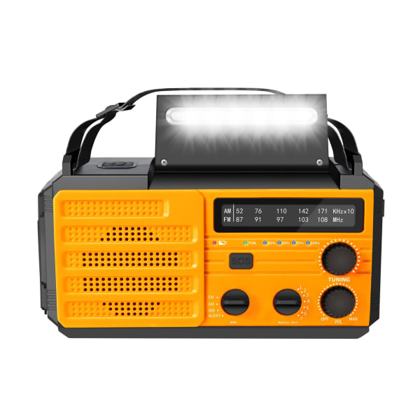 Kannettava aurinkokampiradio, käsikammen AM/FM-radio USB -portilla, SOS-hälytys, taskulamppu, oranssi