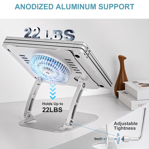 Laptopkylare med 3 Hastighetsfläkt, Justerbart Laptopställ för Skrivbord, Ergonomisk Vikbar Laptopkylplatta för 10-16'' Notebook silver With 360° Rotating Base