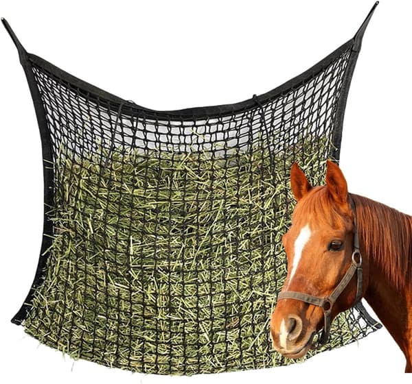 Hästhö-nät långsam utfodrare, kraftig knutlös polyester hängande foderpåse för stalltrailer, svart 90 x 60 cm