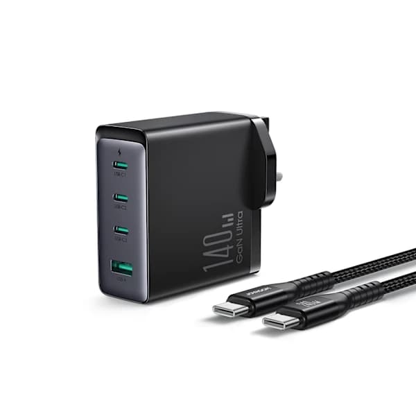 /EA/GaN 140W strømadapter, engelsk UK-stik 3x USB-C USB-A + USB-C-kabel 1,2 m