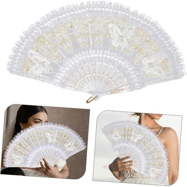 /EA/Handfläkt spets, bröllopsfläkt dans spetsfläkt vit elegant delikat bröllopstillbehör
