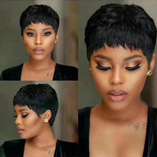 /EA/Korta människohårs Pixie-peruker Pixie Cut Kort vågigt svart hår peruker